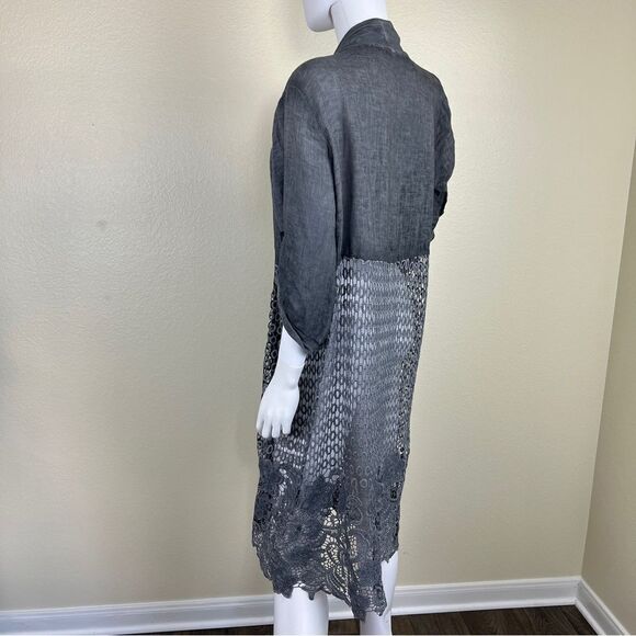 Italy Linen Women Size OS Gray Roll Sleeves Embroidered Cardigan NEW Long Line - Picture 8 of 15